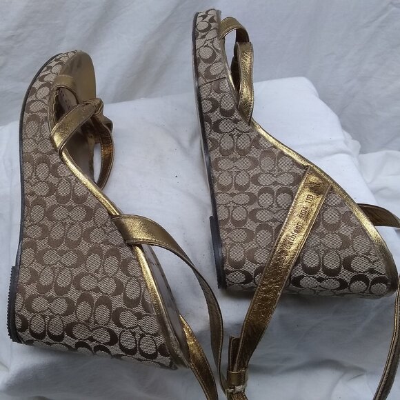 Coach Women's Wedge Platform Sandals Signature Logo Brown Gold Size 11 B Good - Picture 6 of 10